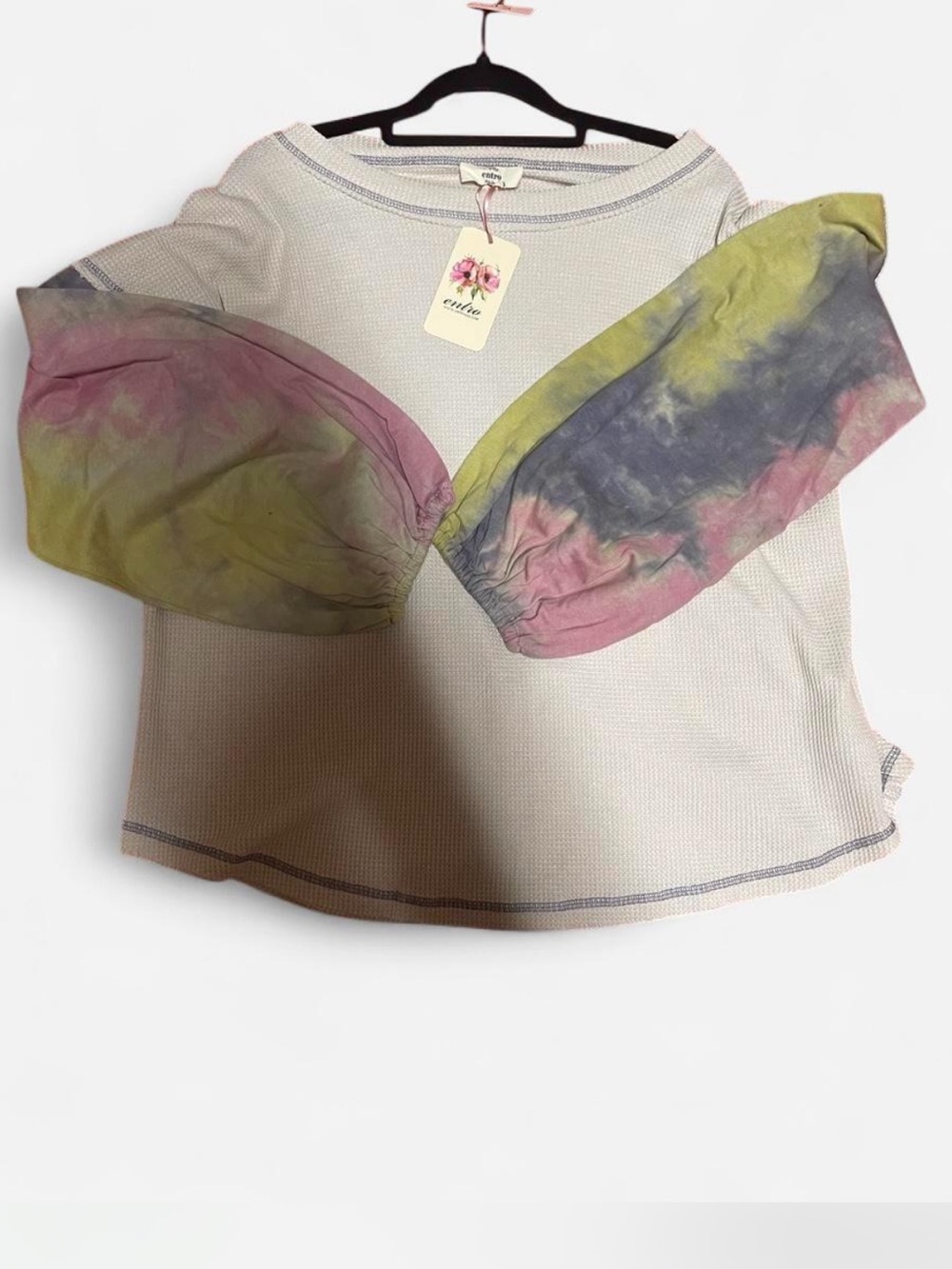 Entro Waffle Knit Top with Pink, Green & Gray Tie-Dye Puff Sleeves